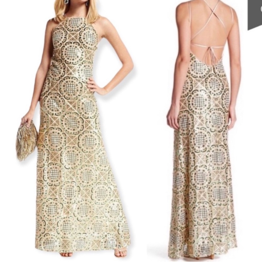 Nicole Miller NY Gold Sequin‎ Maxi Dress High Neck Open Back Formal Gown Wedding